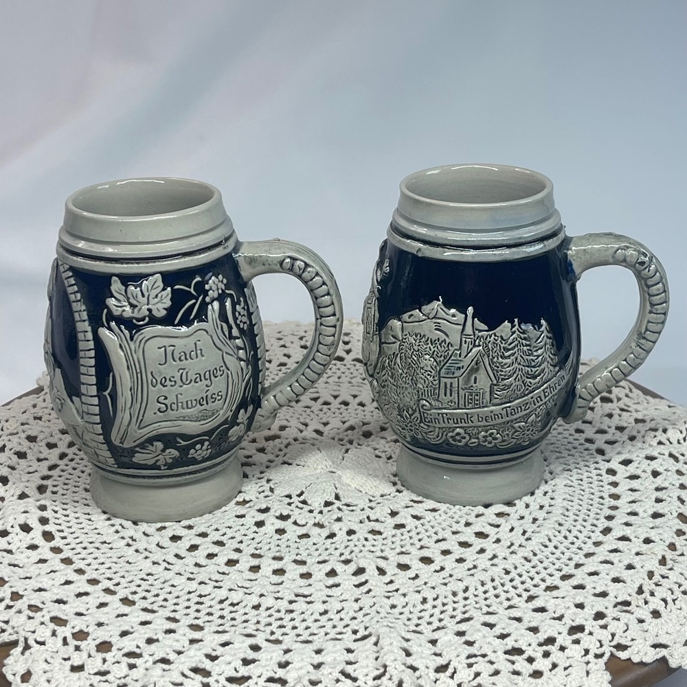 Vintage Western Germany Beer Mug Set 2 Cobalt Blue Relief Stoneware 10oz 5"
